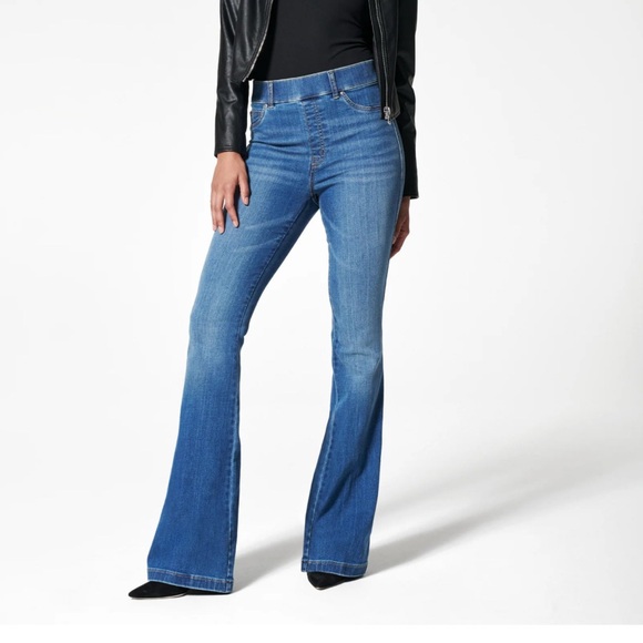 SPANX Denim - SPANX Flare Wide Leg Vintage Indigo Pull On Jeans Women’s Size Large 34” Inseam